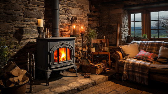 古朴石屋的木燃火炉背景图片