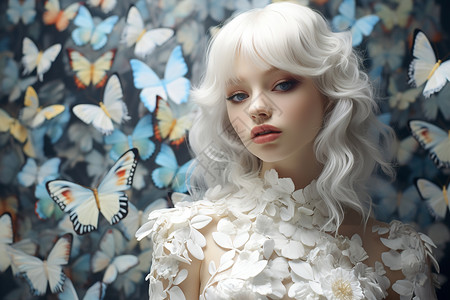 梦幻唯美的银发蝴蝶少女背景图片