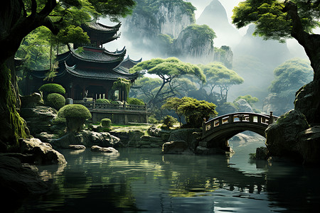 园林中的小桥流水景观背景图片