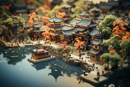 微观色彩的江南水墨古镇模型背景图片