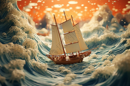 翻飞云海中的船帆插图背景图片