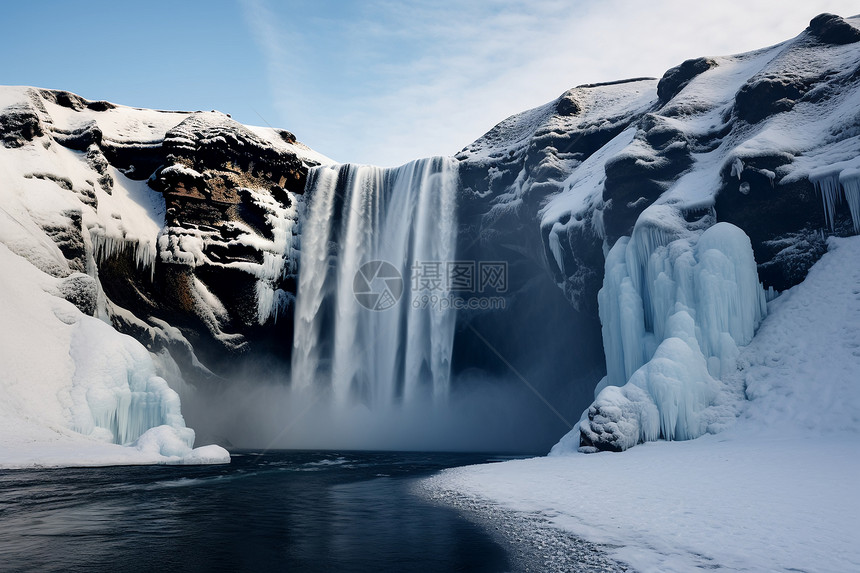 冬季山间美丽的瀑布景观图片