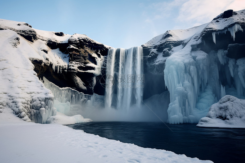 冬季壮观的雪山瀑布景观图片