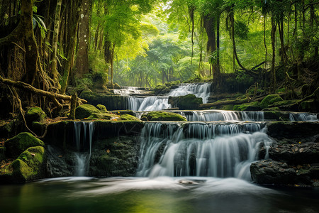 夏季树林中流淌的溪流背景图片
