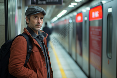 地铁站台上的中年男子背景图片