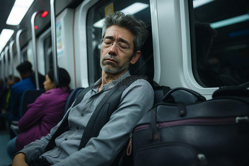 地铁中疲惫昏睡的中年男子图片