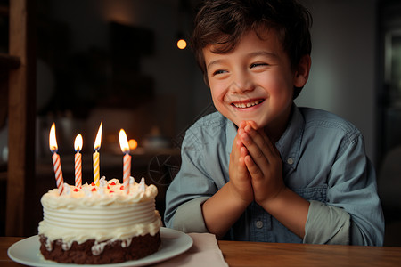 拿着蜡烛男孩生日蛋糕前开朗的小男孩背景