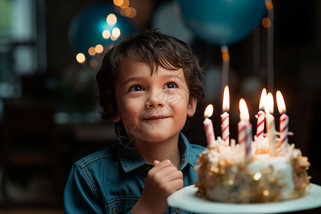 生日蛋糕前许愿的小男孩背景图片