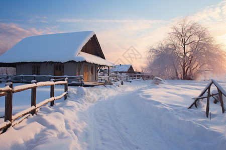 冬季雪中的木屋背景图片