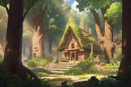 丛林中梦幻的小木屋背景图片
