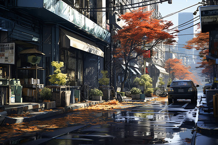 秋季洒满落叶的城市老旧街道背景图片