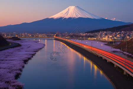 城市上方的富士山景观背景图片
