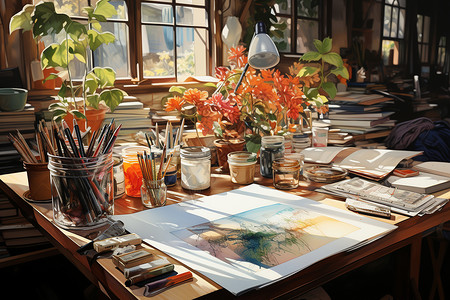 手绘艺术创意的绘画桌背景图片