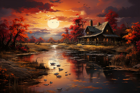 日落时宁静的乡村油画插图背景图片