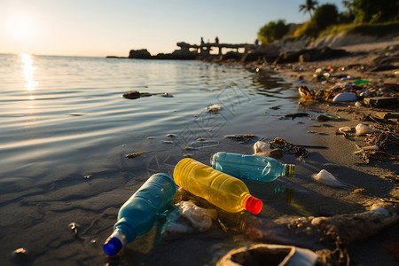 生物塑料海滩上的塑料垃圾背景