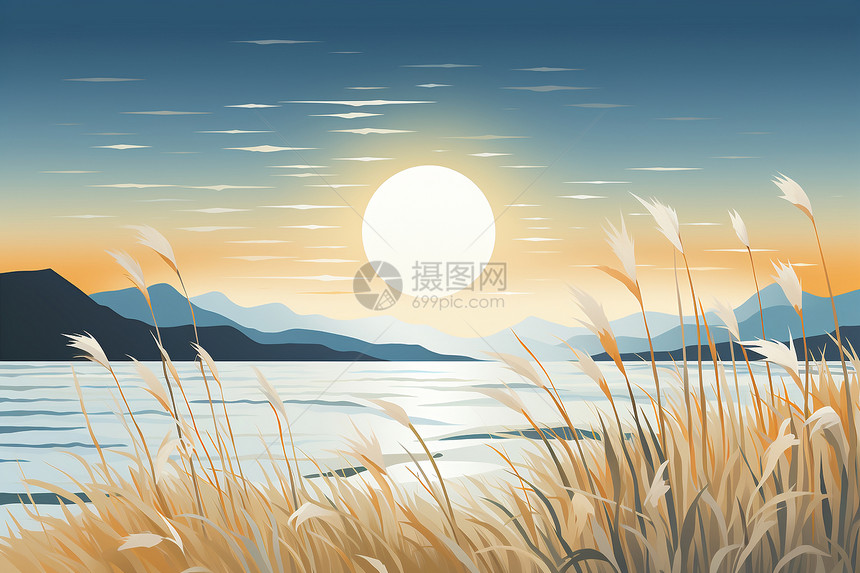 夕阳映照湖畔的和谐景色图片