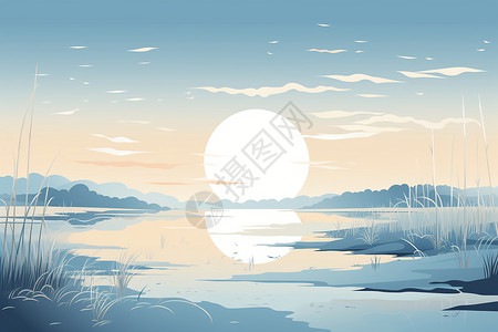 宁静湖泊日出余晖背景图片