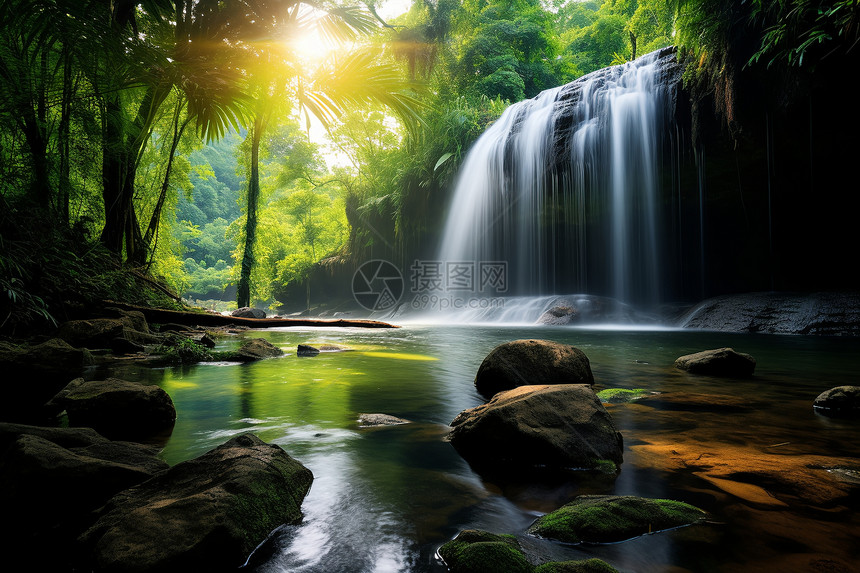 翠绿青山瀑布飞流图片