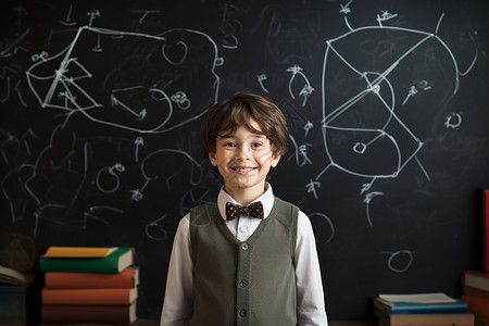 快乐的小学生站在黑板前背景图片