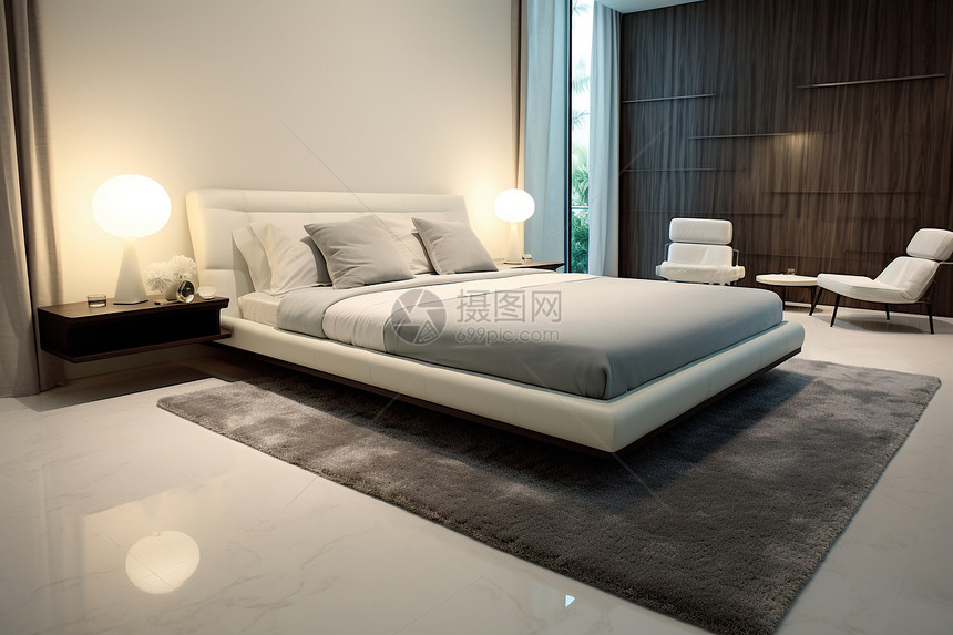 宽敞现代卧室的大床图片