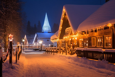 冬夜雪街圣诞树与教堂高清图片