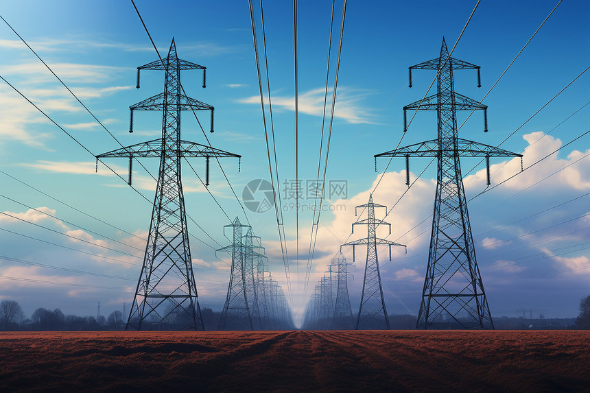 田野中的高压电线塔图片