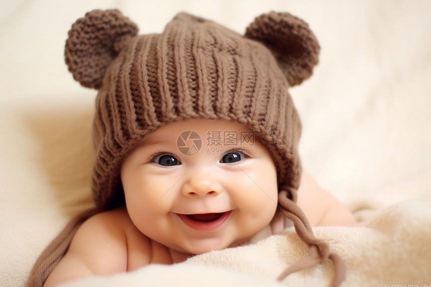 宝宝戴着棕色帽子图片