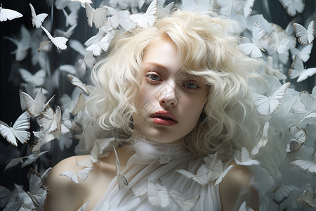 白发女子与白蝴蝶背景图片