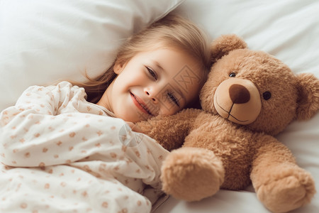 拿小熊小女孩床上的小女孩和小熊背景