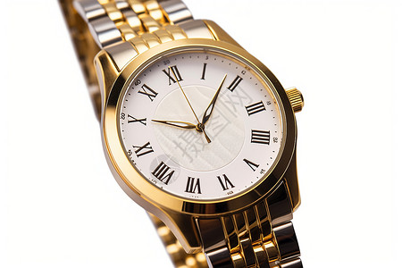 白色背景下的黄金手表背景图片