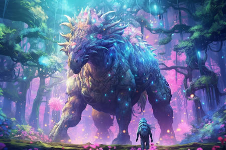 梦幻森林中的巨兽创意插图背景图片
