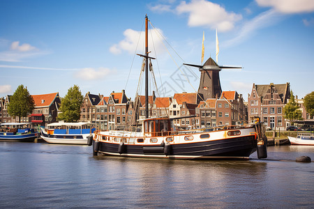 城镇港口的传统木质帆船背景图片