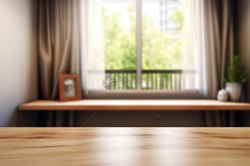 窗前的木制桌面图片