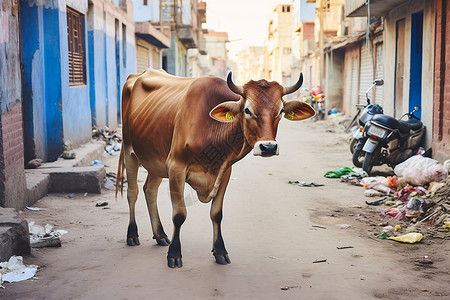 贫民窟街道上的牛高清图片