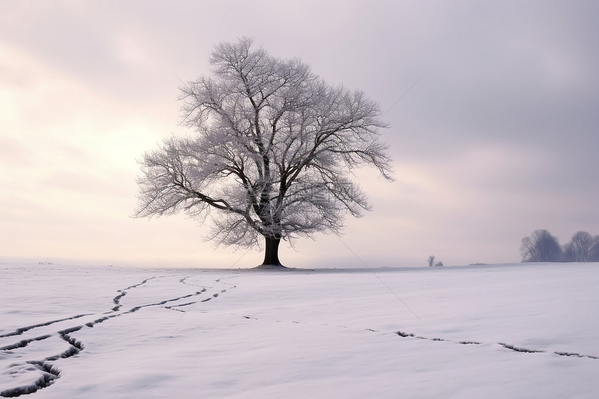 寒冷冬季雪地中的孤树图片