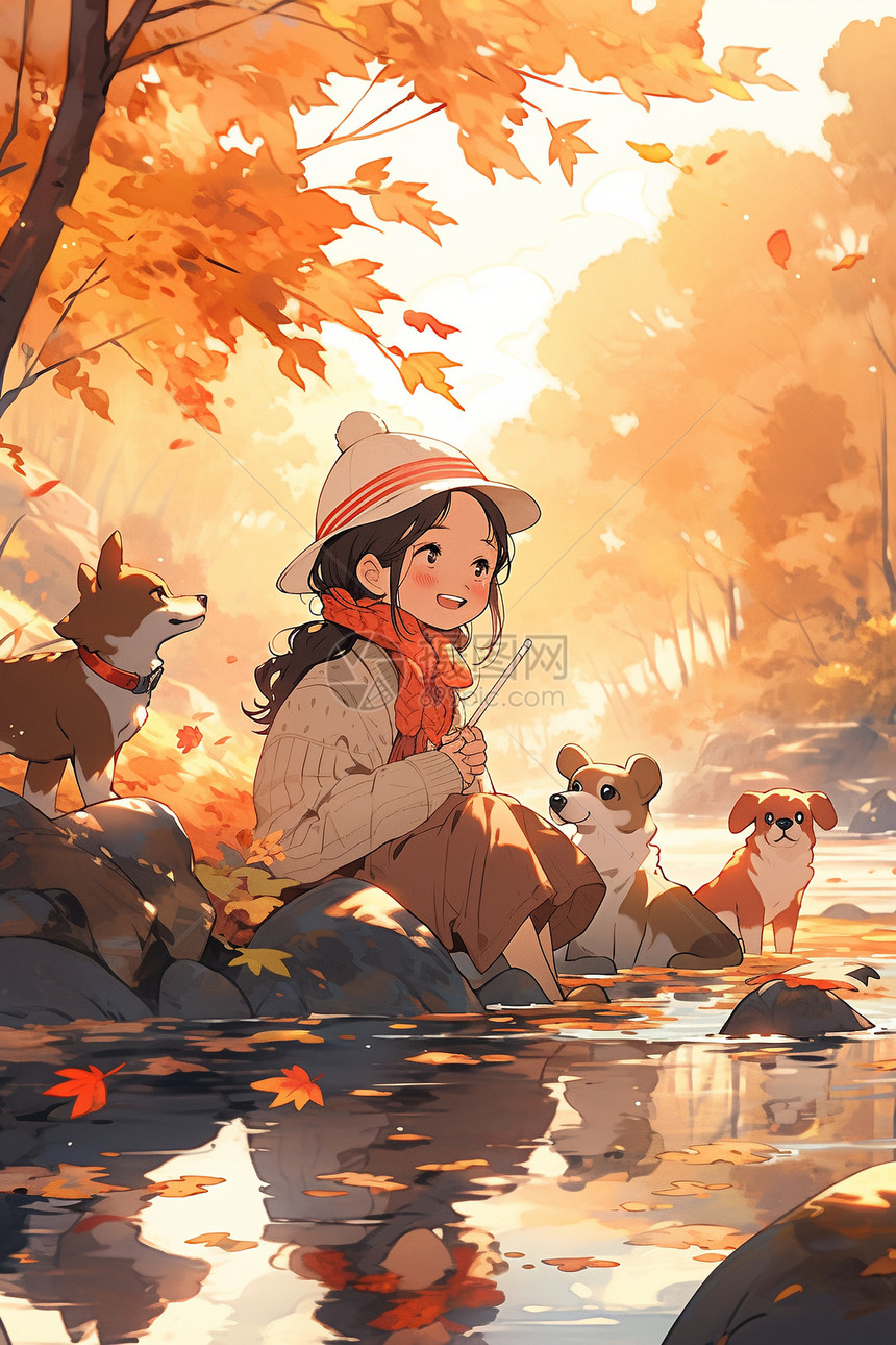 卡通风格的森林湖畔小女孩图片
