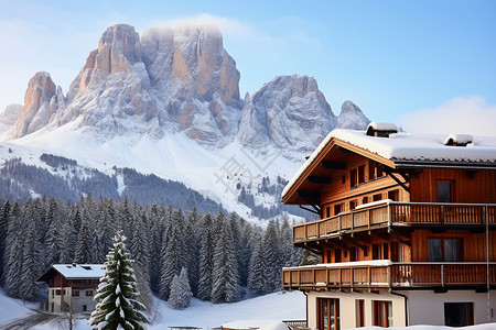 寒冷冬季的雪山小屋建筑景观背景图片