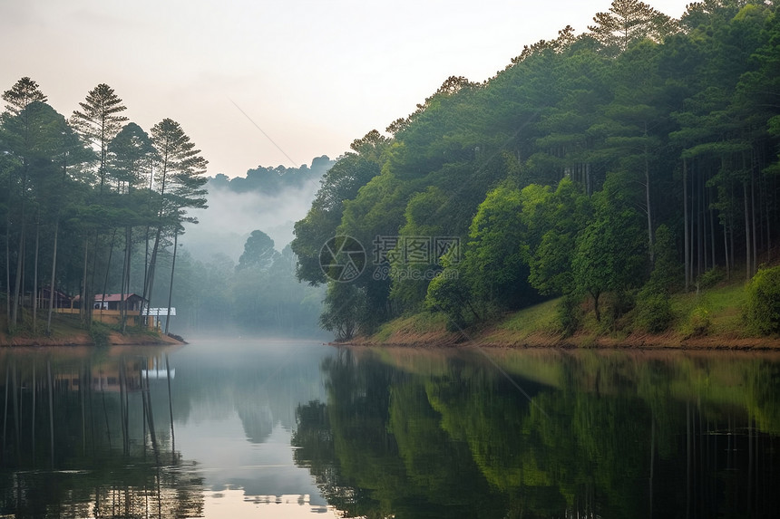 郁郁葱葱的山水湖泊图片