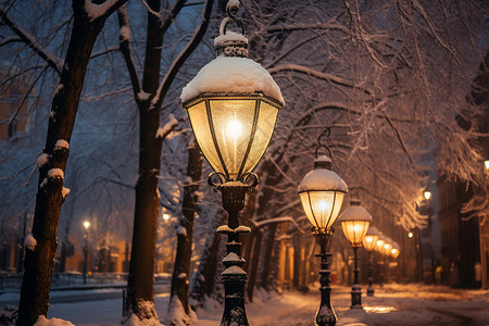 路灯街道冬夜街灯下的雪景背景