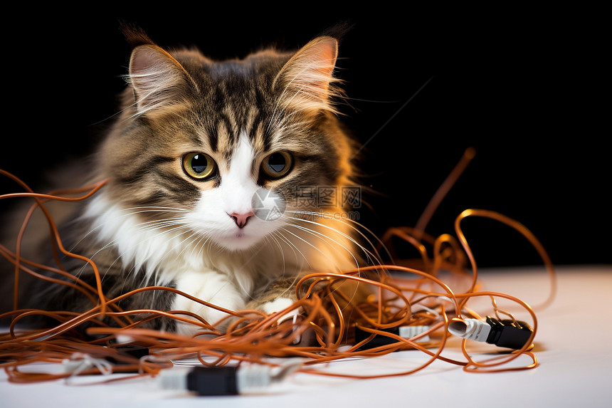 小猫在电线丛中嬉戏图片