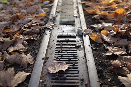 落叶道路户外道路上的下水道背景