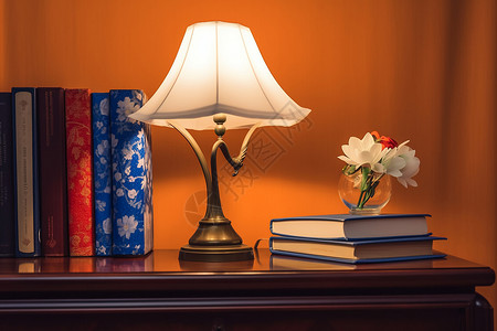 柜子上的台灯和书高清图片