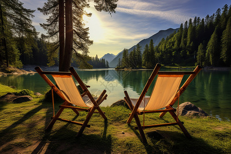 湖畔浪漫的躺椅背景图片