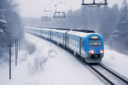 火车穿越冰雪森林背景图片
