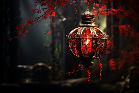 森林里的红色灯笼背景图片