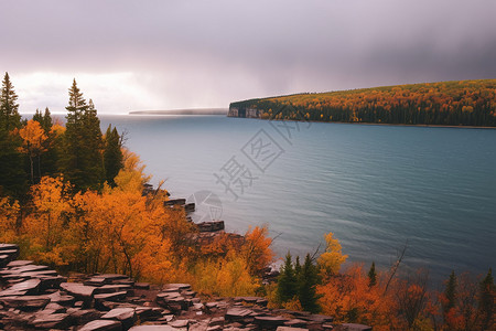 秋天湖边风景背景图片