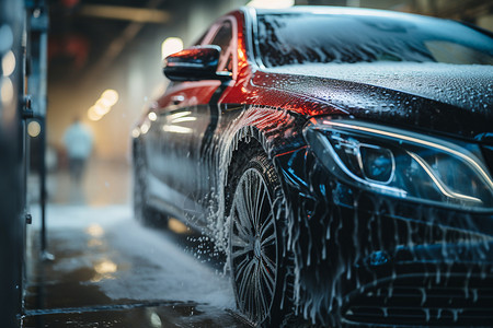 洗车泡沫汽车在洗车房里清洗背景