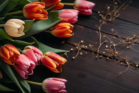 木桌上的郁金香背景图片