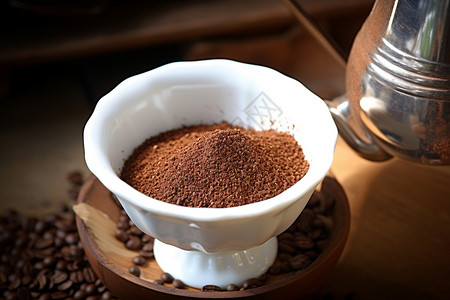 咖啡工具放在桌上的咖啡和咖啡豆背景