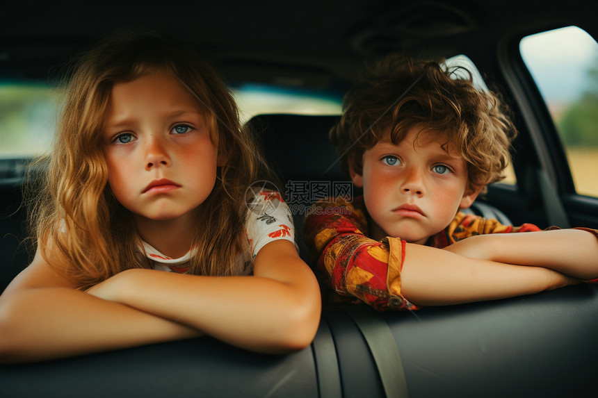 两个孩子坐在车后图片